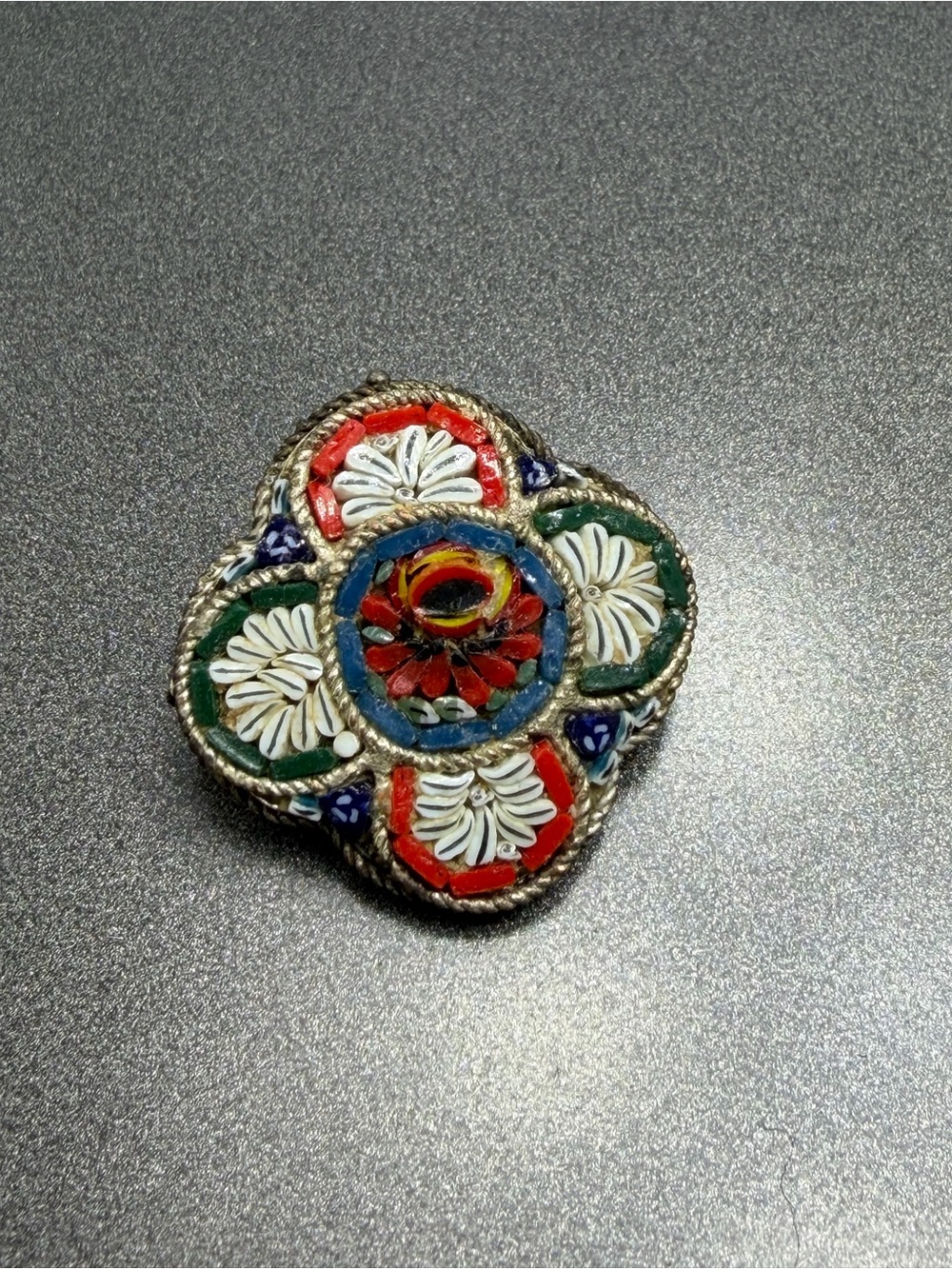 Vintage Floral Mosaic Brooch - Blue and Red #31mo